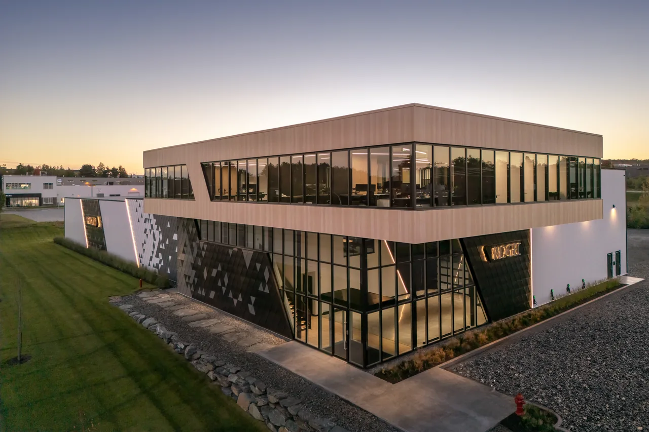 Aerial view of INOGEC premises in Sherbrooke at sunset