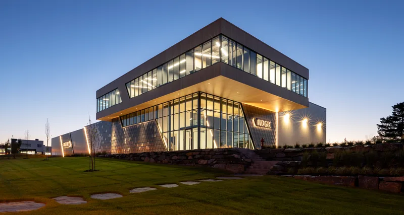 INOGEC premises in Sherbrooke illuminated at dusk