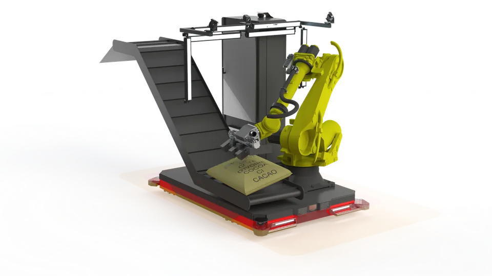 AGV-045 integrating a robot, conveyor, and mobile safety system